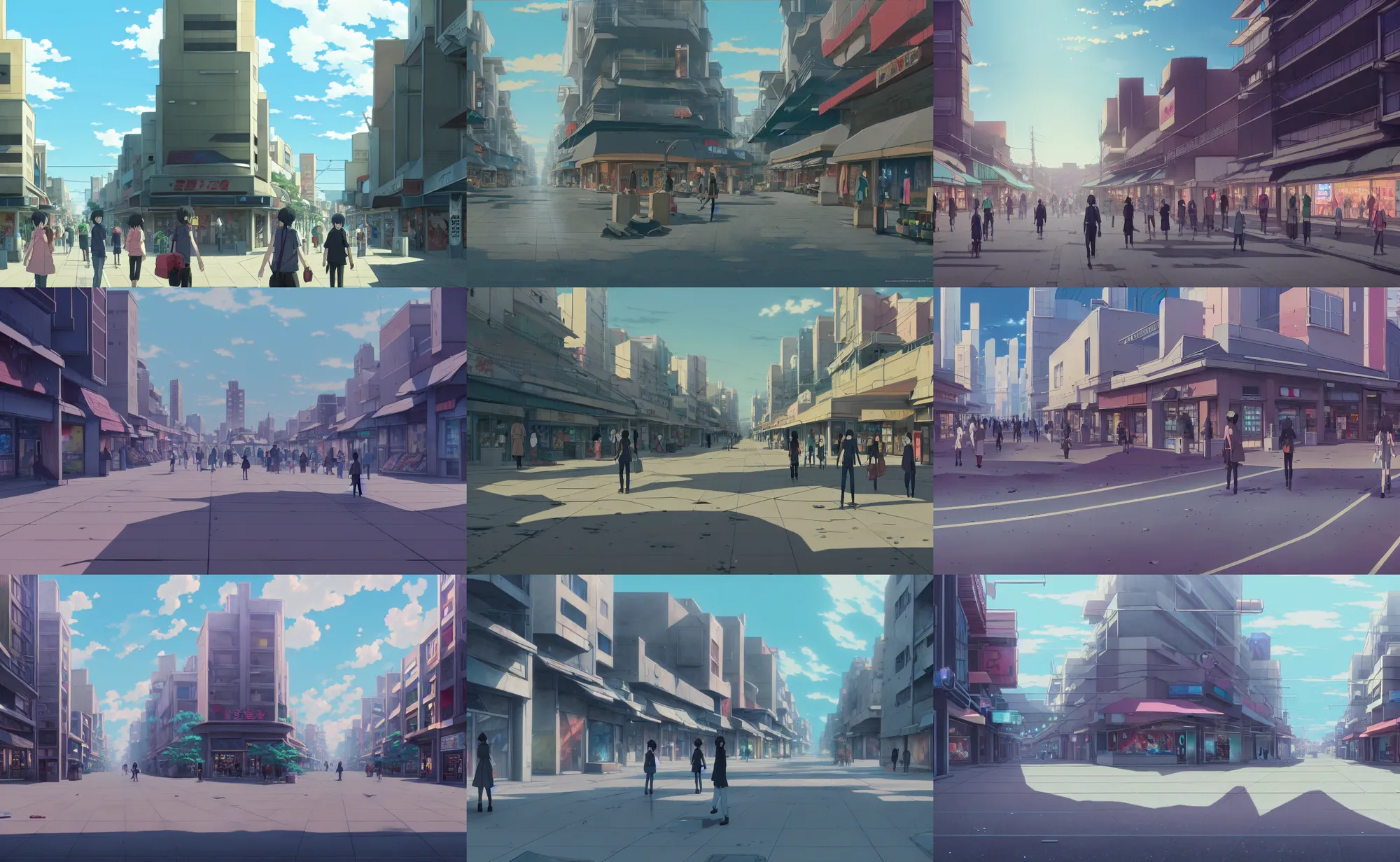 Prompt: an anime movie background matte painting of a vacant, empty modern city shopping district | | no people, by makoto shinkai, trending on artstation, highly detailed