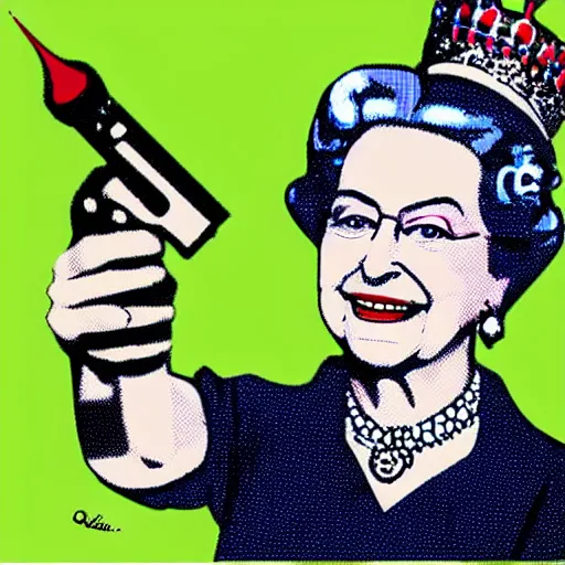 Prompt: pop-art of Queen Elizabeth firing a bazuka