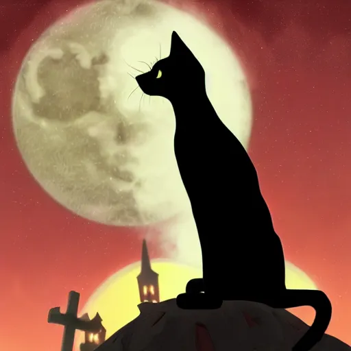 Image similar to an ultradetailed animation of a black cat in graveyard at midnight halloween tattoo, digital art, dark fantasy, concept art, soulslike, by alphonse mucha, blood moon eclipse, ruined building in the background, artstation, 8 k, unreal engine render