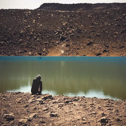 Image similar to Musty lake, single human figure floating in distance