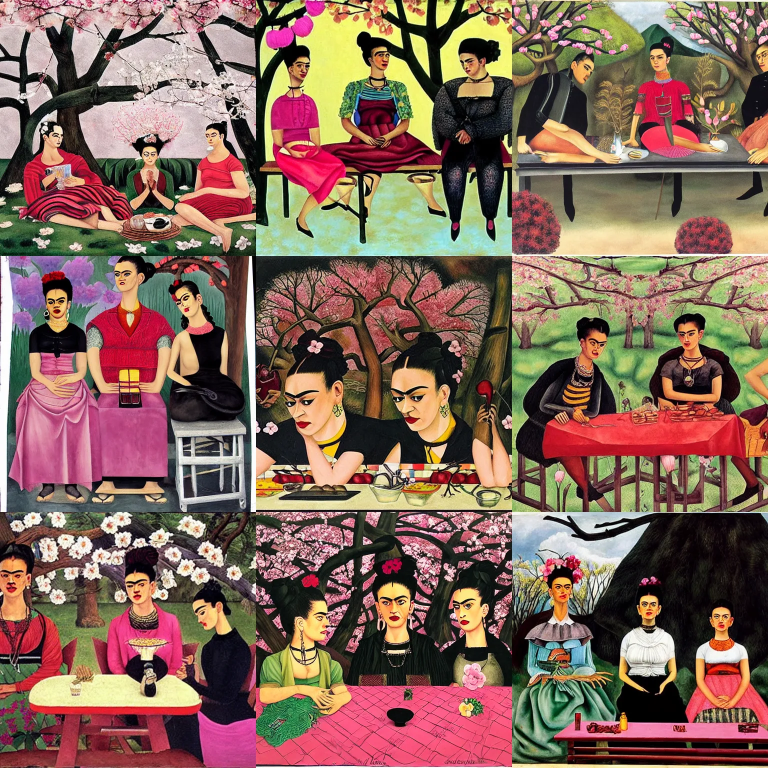Prompt: art by frida kahlo depicting three goths sitting at a picnic table in the shade, talking beneath a cherry blossom outside a blockbuster video store.