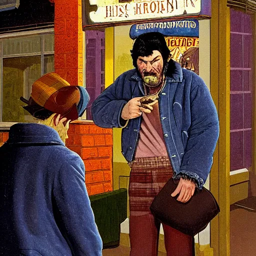 Prompt: 1 9 7 0 : a hirsute broad man in a { denim shearling jacket } smokes a { lit cigarette } outside a lonely bar in queens at 1 am, high quality high detail art by angus mcbride & n. c. wyeth, hd, realistic, photorealistic lighting, composition inspired by gregory crewdson.