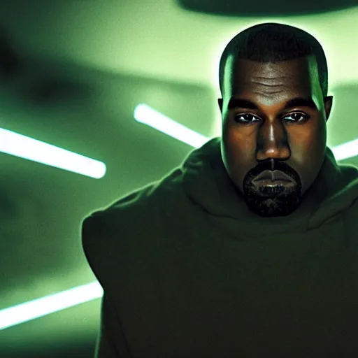 Image similar to Portrait of Kanye West as a jedi, splash art, cinematic lighting, dramatic, octane render, long lens, shallow depth of field, bokeh, anamorphic lens flare, 8k, hyper detailed, 35mm film grain