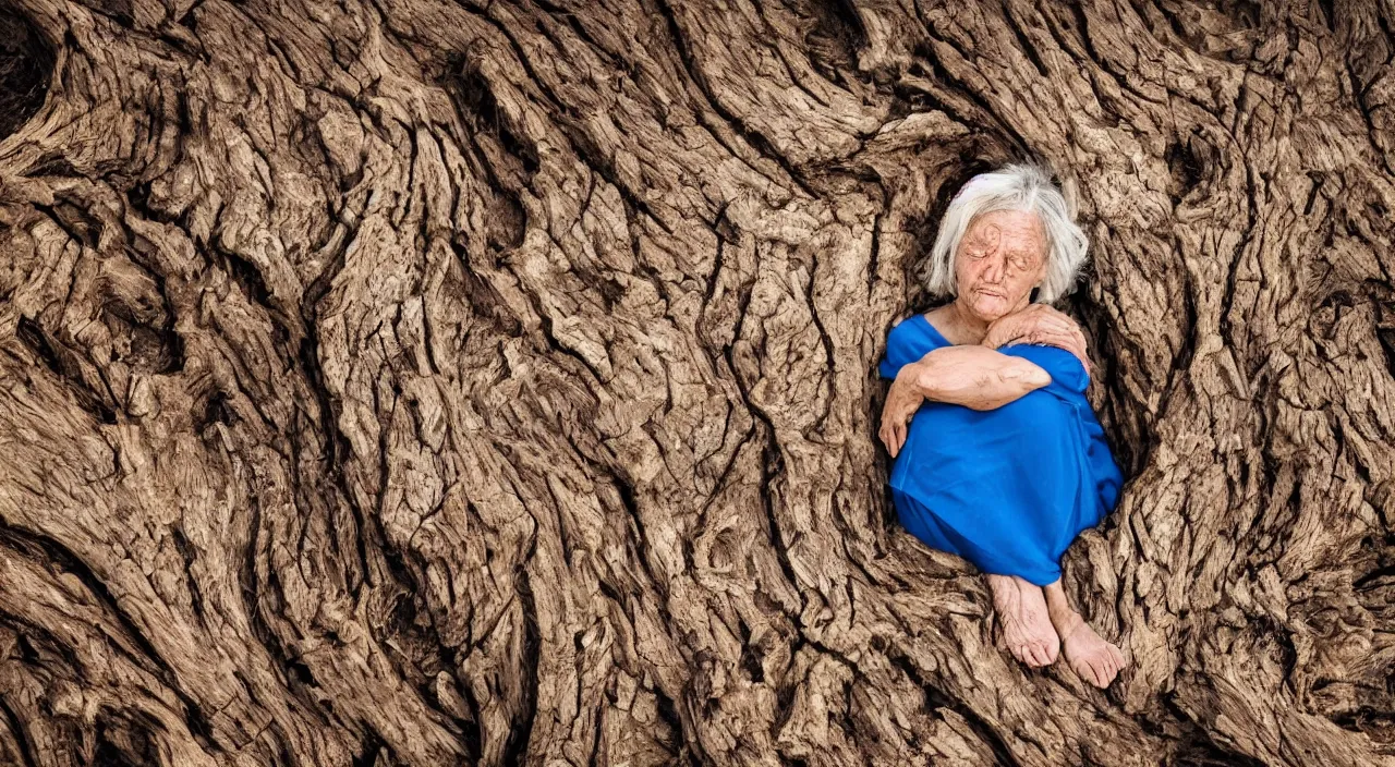 Image similar to close shot of a 65-year-old Gaia, crying one single tear, facing the camera and sitting on a dried up river in a desolate land, dead trees, blue sky, hot and sunny, highly-detailed, elegant, dramatic lighting, artstation, 4k, cinematic landscape, photograph by Elisabeth Gadd