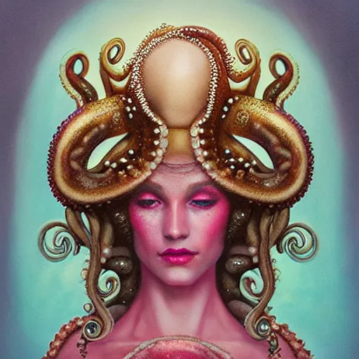 Prompt: queen of octopus with pearls embedded, portrait, pink and gold, nouveau, beautiful, by Anato Finnstark, Tom Bagshaw, Brom