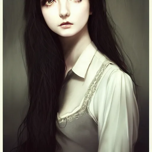 Image similar to english teenage girl with black hair, china blue eyes, pale glowing skin, beautiful sinister features, no makeup, elegant fashion model, young kate bush, wuthering heights, fantasy, intricate, elegant, dress shirt and tie, highly detailed, digital painting, artstation, concept art, smooth, sharp focus, illustration, art by Krenz Cushart and Artem Demura and alphonse mucha