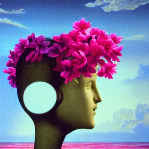 Image similar to a surreal vaporwave vaporwave vaporwave vaporwave vaporwave painting by Thomas Cole of an old pink mannequin head with flowers growing out, sinking underwater, highly detailed, caustics, sunrays, 8k hyperdetails