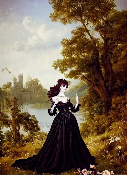 Image similar to gothic princess in baroque dress in a scenic environment. by henriette ronner * *