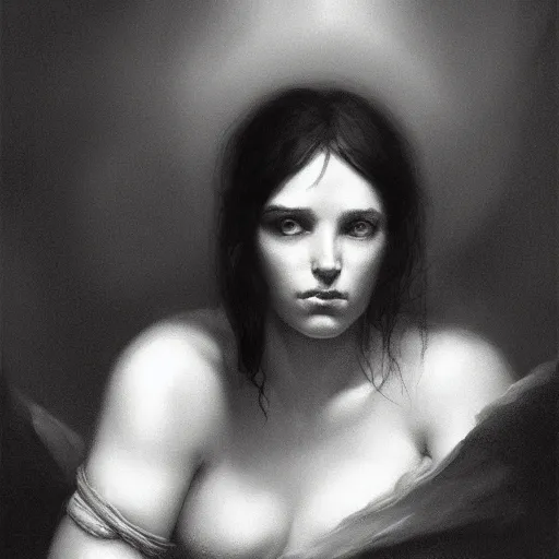 Prompt: Portrait of a powerful woman by Ferdinand Keller and Arnold Böcklin and Jean-Auguste-Dominique Ingres and Michael Whelan and Albert Bierstadt, black and white, moody atmosphere, cinematic atmospheric, artstation, high definition