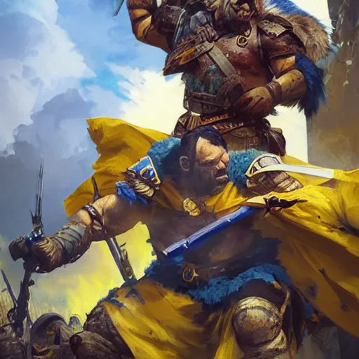 Image similar to Ukrainian warrior with Ukrainian blue and yellow flag successfully fights russian and soviet orcs, epic, highly detailed, 8k digital painting, artstation, concept art, smooth, sharp focus, illustration, art by artgerm and greg rutkowski and alphonse mucha