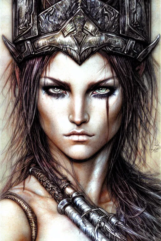 Prompt: head and shoulders portrait of a barbarian, female, high fantasy, d & d, by luis royo, face details, extremely detailed, smooth, digital illustration,