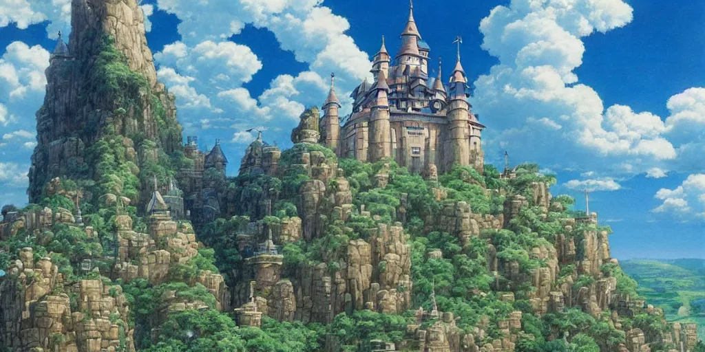 Image similar to castle in the sky, azure sky, studio ghibli, james gurney, fantasy art