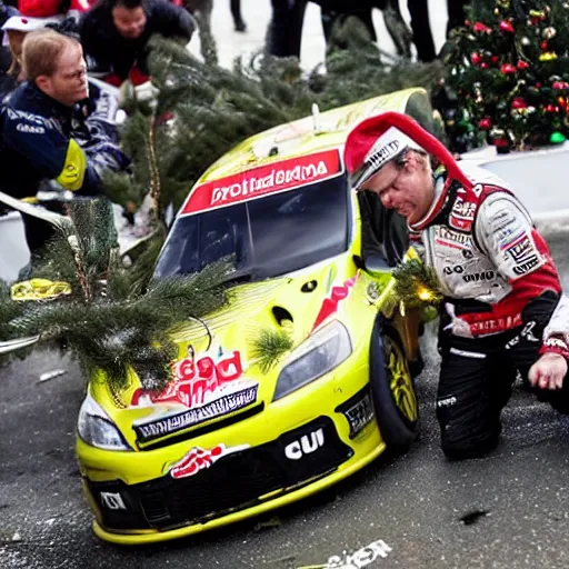 Image similar to Petter Solberg after he crashed into the christmas tree