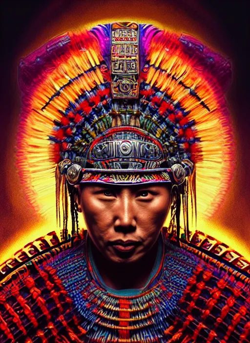 Image similar to portrait of donnie yen, hyper detailed ultra sharp aztec shaman warrior. trending on artstation, warpaint aesthetic, bloodwave, colorful, psychedelic, ornate, intricate, digital painting, concept art, smooth, sharp focus, illustration, art by artgerm and greg rutkowski and h. r. giger, 8 k