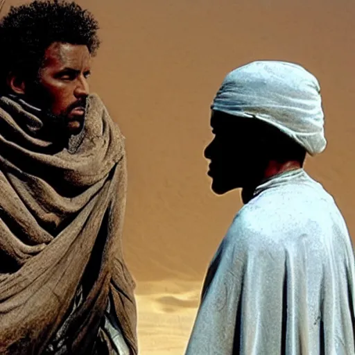 Image similar to a sand wraith talking with a handsome tuareg, movie still amazing