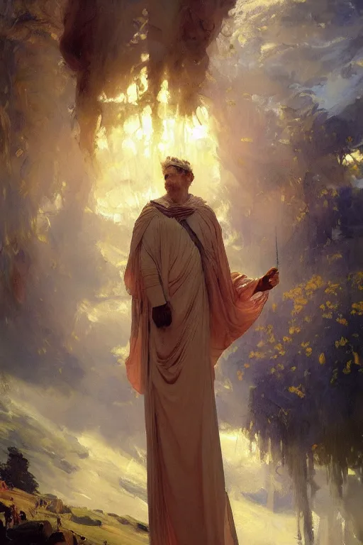 Image similar to beautiful impressionistic oil painting portrait of ancient roman god emperor steve buscemi ascending wearing the civic crown levitating in religious pose, art by anders zorn, wonderful masterpiece by greg rutkowski, expressive brush strokes, beautiful cinematic light, american romanticism by greg manchess, jessica rossier