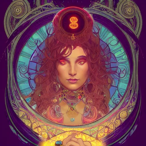 Image similar to psychic gypsy woman magic8ball tarot card, swirling glowing flowing energies, gypsy woman sees into the future, mysterious with hynotic pretty eyes, hyperdetailed, artstation by James Jean, Moebius, Mucha Klimt and Tom Bagshaw , featured on Artstation, CGsociety, Behance HD