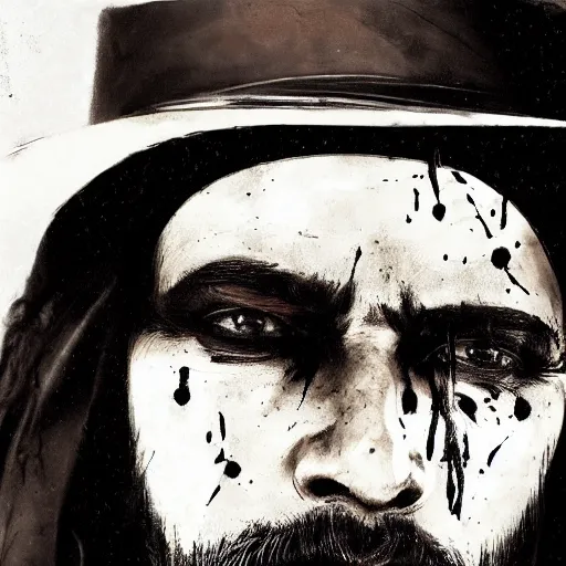 Image similar to portrait of a priest of the wild west, black paint on face, drawn by ruan jia, fantasy art, red dead redemption, django, town background, weird west, deadlands, dramatic lighting, digital art, 8 k, extremely detailed