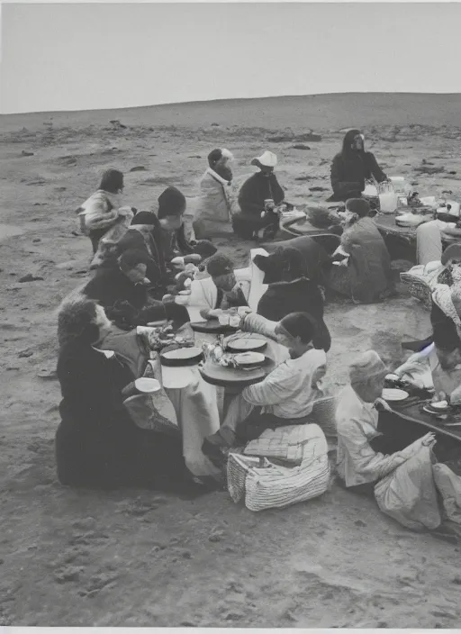 Prompt: old photo of a people dining on the surface of the moon