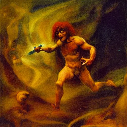 Prompt: impressionistic painting of a red haired neanderthal boy with grey skin holding a small blue spear running through dark underground caves fleeing from humanoid bird monsters, neon yellow glowing mushrooms, in the style of henry fuseli and beksinski