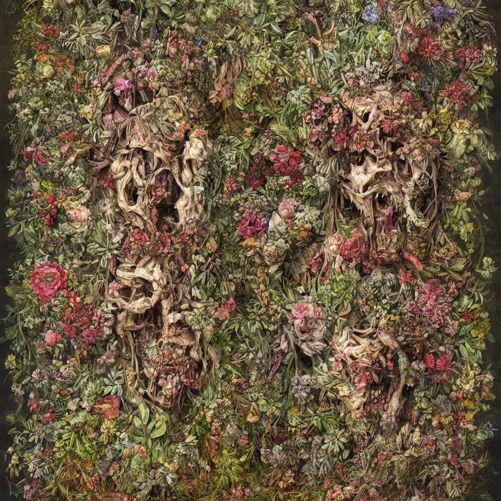 Prompt: a hyper detailed fine painting of a monster made of woods herbs flowers and plants, horror surrealism