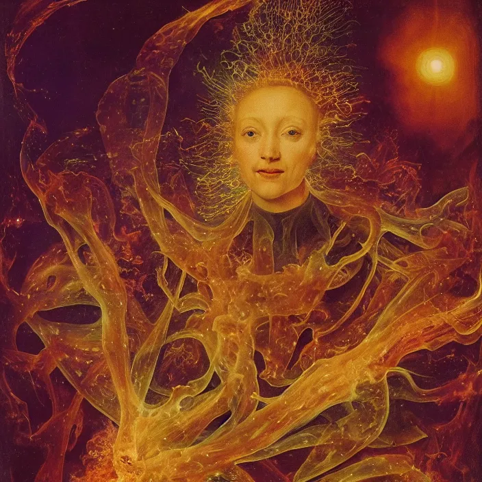 Prompt: a closeup portrait of a horned women, casting hearts into a flame, in an eel nebula, golden hour, by jan van eyck