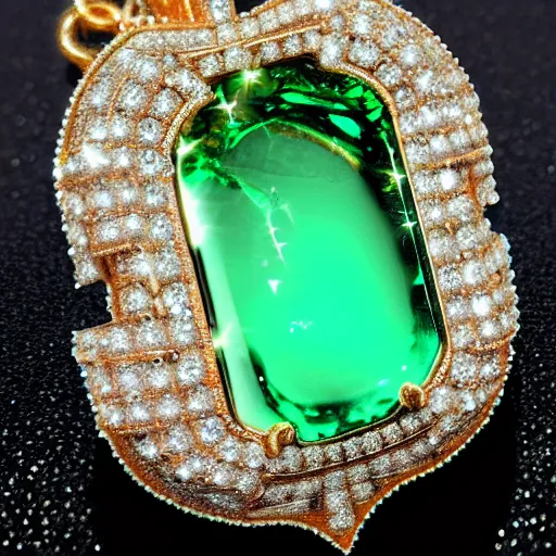 Prompt: Ornate Magic Amulet Jewel Glowing HDR photorealistic Gem Adorned in diamonds