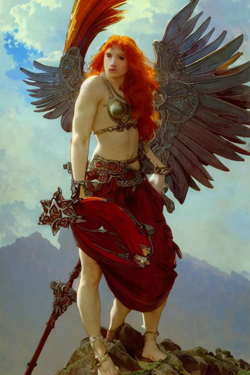 Image similar to full - body matte portrait of a red haired angelic valkyrie with huge silver wings in a heroic pose, wearing thick bronze plate armor at the top of a mountain, holding a spear made of lightning, art by albert bierstadt, alphonse mucha, andreas rocha, greg rutkowski, sharp edges. ultra clear detailed. 8 k. elegant. octane render