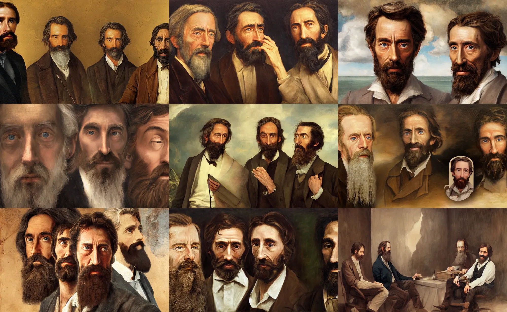 Prompt: portrait of alan watts, henry thoreau and epictetus, oil on canvas, realistic, highly detailed, cinematic, concept art, matte painting