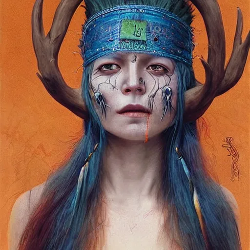 Prompt: A young female shaman blindfolded with a decorated headband like heilung, blue hair and antlers on her head, made by Esao Andrews and Karol Bak and Zdzislaw Beksinski