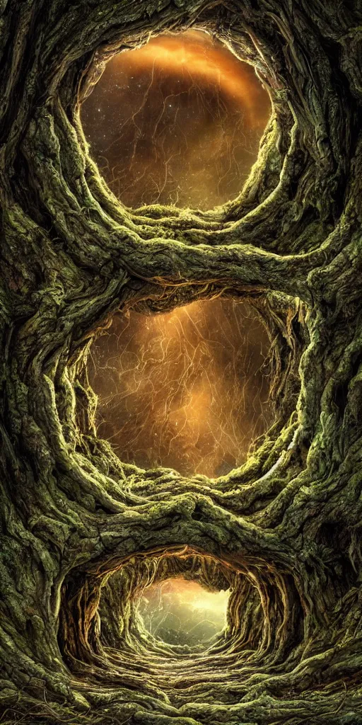 Image similar to humongous tree portal!! on a big dusky planet, spooky, sharp focus, intricate details, fantasy, hyper realism, 1 0 0 mm, art, smooth, beautiful art, masterpiece, artistic landscape, cinematic, wet reflections, ray tracing x, rtx, smooth