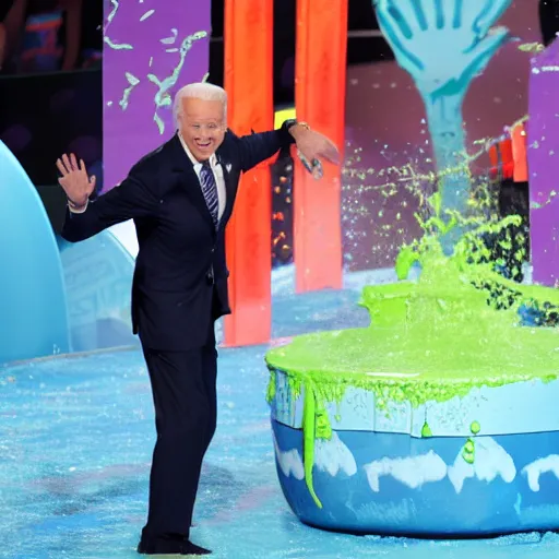 Image similar to joe biden getting slimed at the kids choice awards, dynamic, cinematic photo