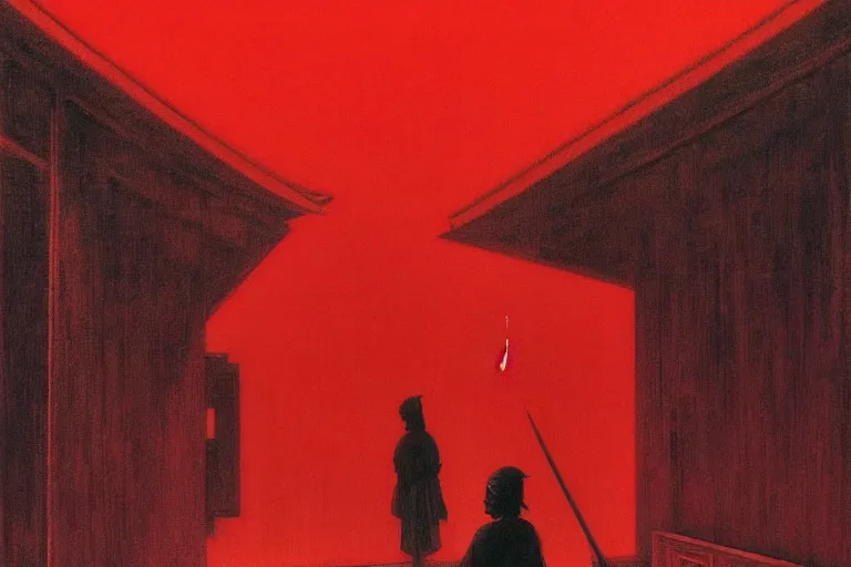 Image similar to only with red, a red samurai, tokio in background, some evil yokai, in the style of beksinski, parts by edward hopper, parts by rodcenko, parts by yue minjun, intricate and epic composition, red by caravaggio, insanely quality, highly detailed, masterpiece, red light, artstation, 4 k