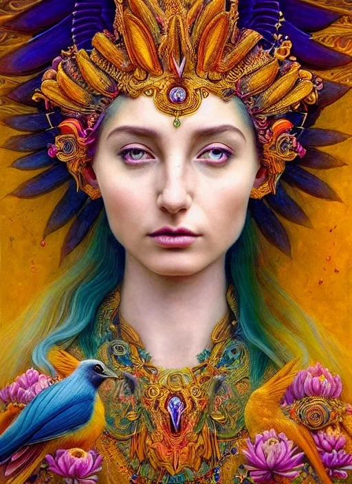 Prompt: portrait of the beautiful young goddess of birds, unusual beauty, etheric, outworldly colours, emotionally evoking symbolic metaphors, head in focus, fantasy, ornamental, intricate, elegant, highly detailed painting style photo, artstation, concept art, painterly, golden ratio, sharp focus, illustration, art by marco mazzoni and zdzisław beksinski,