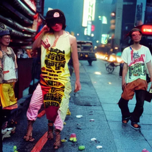 Prompt: neotokyo corn fashion corn gang, corn on the cob, cinestill eastmancolor