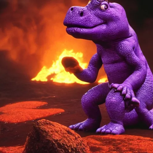 Prompt: Barney the purple dinosaur drowning in lava clutching the one ring, high resolution movie still, film by Peter Jackson