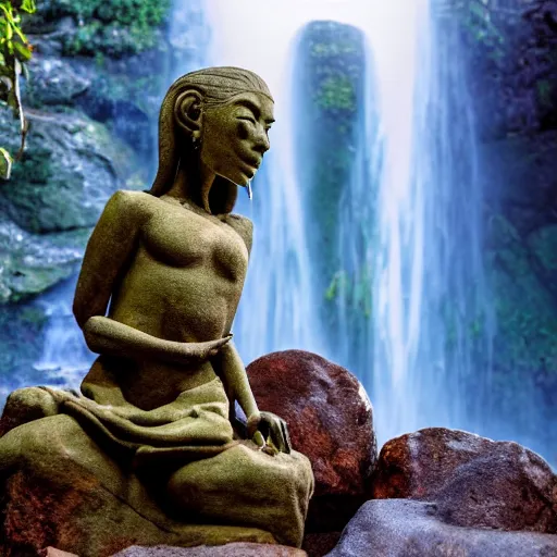 Image similar to Maya stone statue of an alien in front of a beautiful waterfall in the jungle, award winning photography, 8k