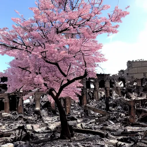 Prompt: a sakura tree in the desolation of the burning ruins around it