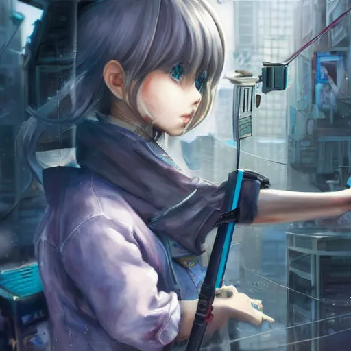 Image similar to dynamic composition, motion, ultra-detailed, incredibly detailed, a lot of details, amazing fine details and brush strokes, colorful and grayish palette, smooth, HD semirealistic anime CG concept art digital painting, watercolor oil painting of Clean and detailed post-cyberpunk sci-fi close-up schoolgirl in asian city in style of cytus and deemo, blue flame, relaxing, calm and mysterious vibes,, by a Chinese artist at ArtStation, by Huang Guangjian, Fenghua Zhong, Ruan Jia, Xin Jin and Wei Chang. Realistic artwork of a Chinese videogame, gradients, gentle an harmonic grayish colors. set in half-life 2, Matrix, GITS, Blade Runner, Neotokyo Source, Syndicate(2012), dynamic composition, beautiful with eerie vibes, very inspirational, very stylish, with gradients, surrealistic, dystopia, postapocalyptic vibes, depth of field, mist, rich cinematic atmosphere, perfect digital art, mystical journey in strange world