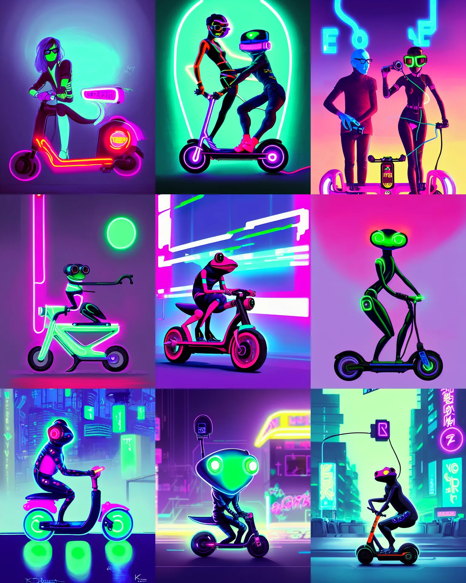 Prompt: painting Cyberpunk Frog riding on electric scooter Futuristic, Neon, Vaporwave by Lois van baarle and Ilya Kuvshinov and Ha Gyung and Kezie Demessance