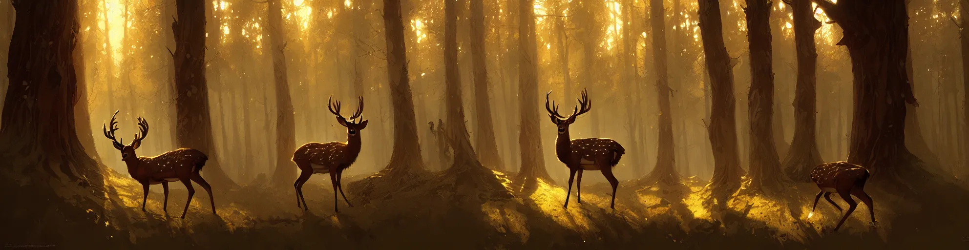Image similar to Deer lonely in Sherwood Forest, highly detailed, digital painting, artstation, concept art, smooth, sharp focus, illustration, art greg rutkowski and alphonse mucha