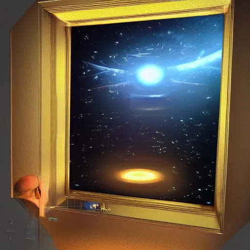 Prompt: Realistic Concept Art Quntum Computer designed by Albert Einstein n blender, Cyan Gold blank light, photorealism, super symmetry, parallelism, antimatter, internet, enter the void, dark-matter, diamond, string theory, virtual reality, 32K, super detailed, details by futuristic Leonardo DaVinci and Stephen Hawking. Wow effect, 3D Render, panorama 360 degree, 3D Projection of 4D. UNREAL ENGINE 5