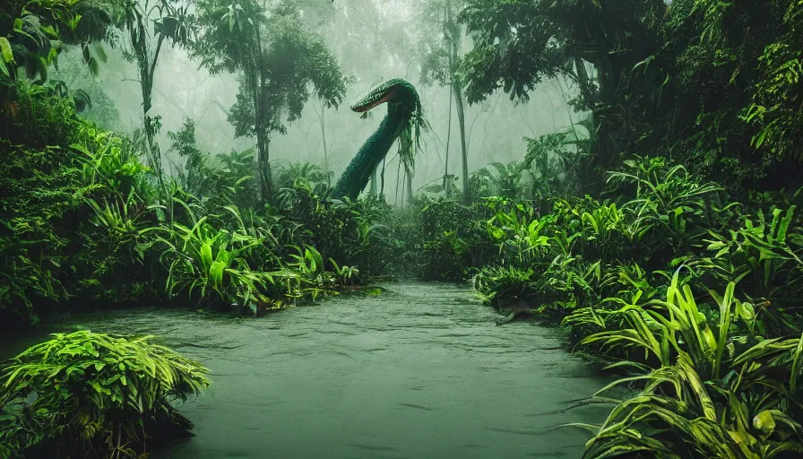 Image similar to a rainy foggy jungle, river with low hanging plants, there is a giant aligator in the water, it is glowing, great photography, ambient light