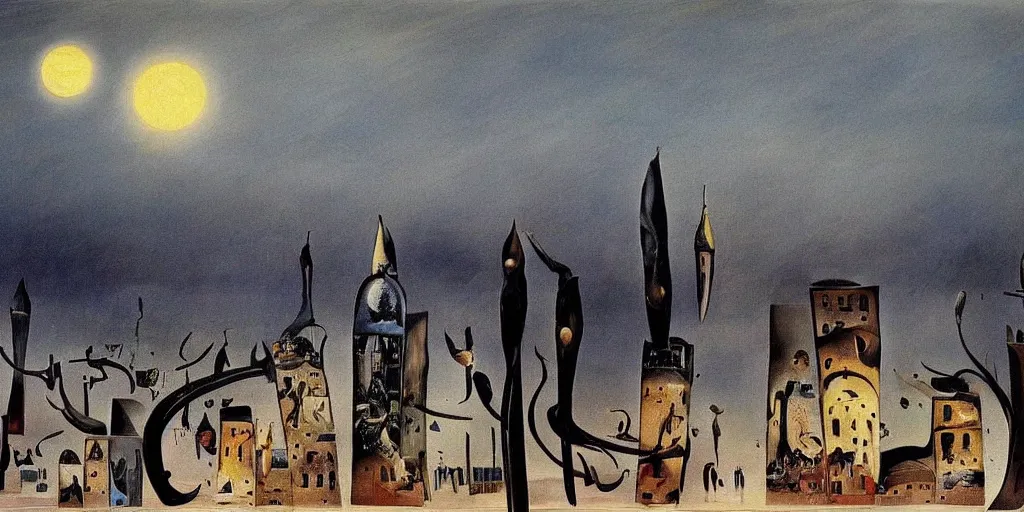 Image similar to love and fear in tehran skyline in a winter night, a full moon in the sky, surreal painting by salvador dali,