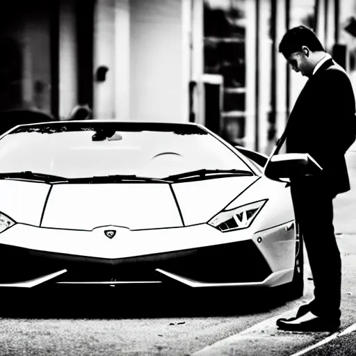Image similar to black and white press photograph of a tired and depressed man in a black suit pushing a lamborghini that is out of gas on a busy city street, sideview, detailed, natural light, mist, film grain, soft vignette, sigma 5 0 mm f / 1. 4 1 / 1 0 sec shutter, imax 7 0 mm footage
