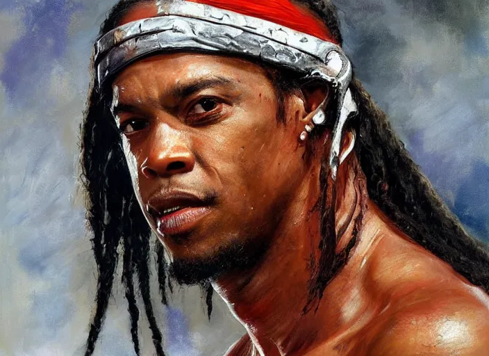 Image similar to a highly detailed beautiful portrait of ronaldinho as kratos, by gregory manchess, james gurney, james jean