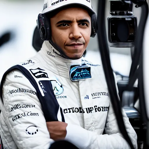 Image similar to a portrait of a mercedes f 1 driver in a white overall with the face of barack obama, outdoor, professional portrait photography, ambient light