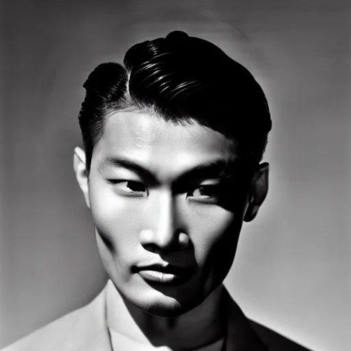 Prompt: a close - up photography of an asian male! actor from the 1 9 3 0 s. high cheekbones. good bone structure. dressed in 1 9 4 0 s style. butterfly lightning. key light sculpting the cheekbones. by george hurrell.