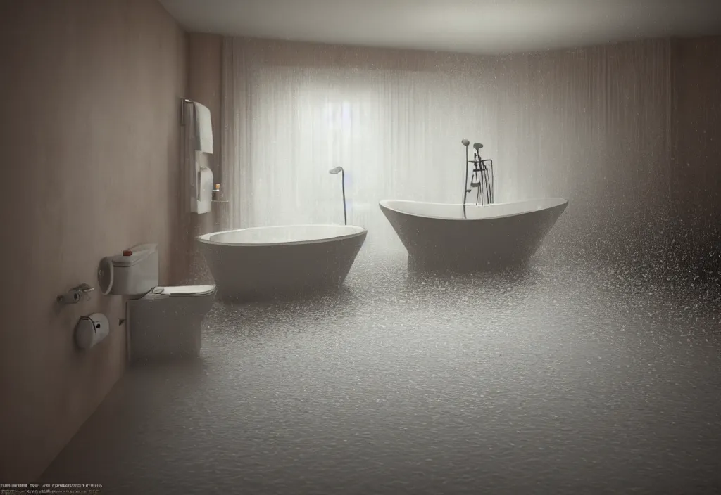 Image similar to kodak portra 4 0 0 photographic and realistic, interior of a bathroom, detailed, octane render, unreal engine, 4 k, artstation, hyper realistic, wide angle, floor flooded with curdled milk, river, objects that float, 3 5 mm, sharp focus, soft light, volumetric light, in the style of gregory crewdson