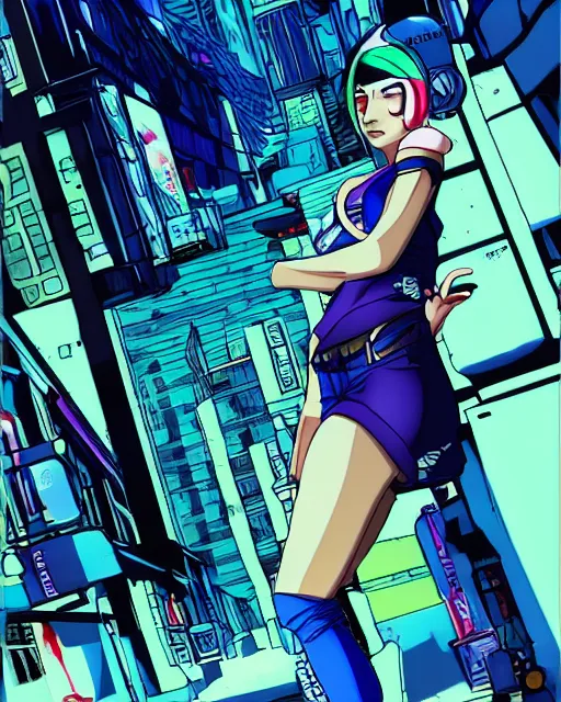 Image similar to cel shaded art of a pretty blue haired girl, jet grind radio graphics, cyberpunk city street background